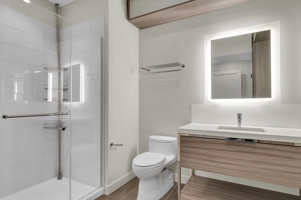 Bathroom, Glass Shower, Interior, Wood Texture Flooring