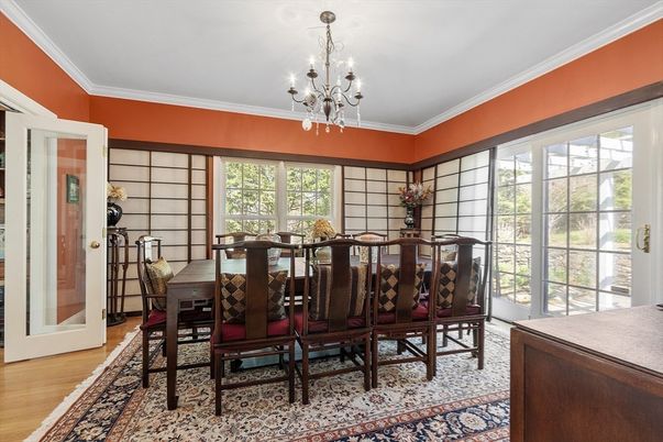 Chandelier, Dining room, Interior, Wood Texture Flooring