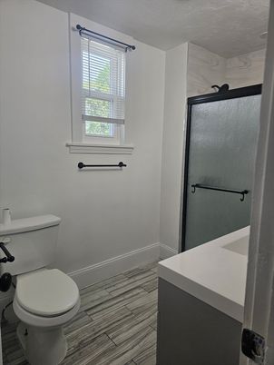 Bathroom, Glass Shower, Interior, Wood Texture Flooring