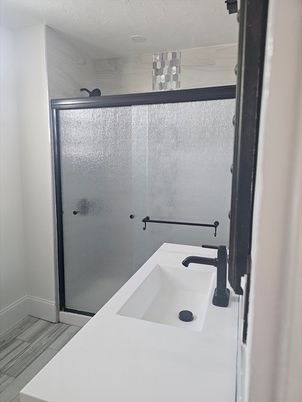 Bathroom, Glass Shower, Interior, Wood Texture Flooring