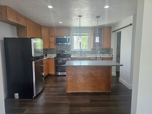 Interior, Kitchen, Pendant Lights, Recessed Lighting, Stainless Steel Appliances, Wood Texture Flooring
