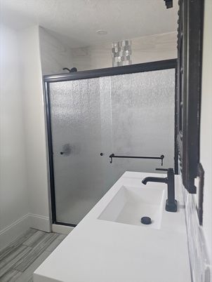 Bathroom, Glass Shower, Interior, Wood Texture Flooring