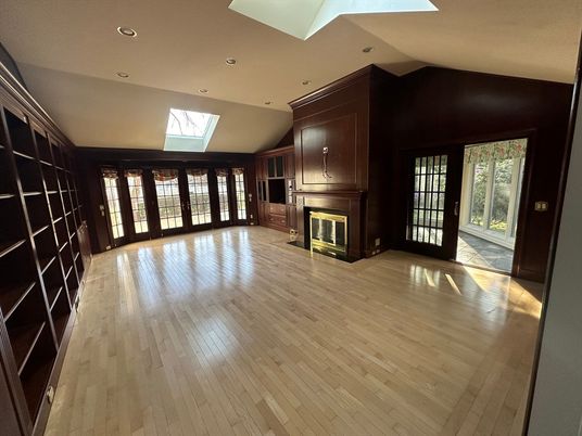 Empty room, Fireplace, Interior, Recessed Lighting, Wood Texture Flooring