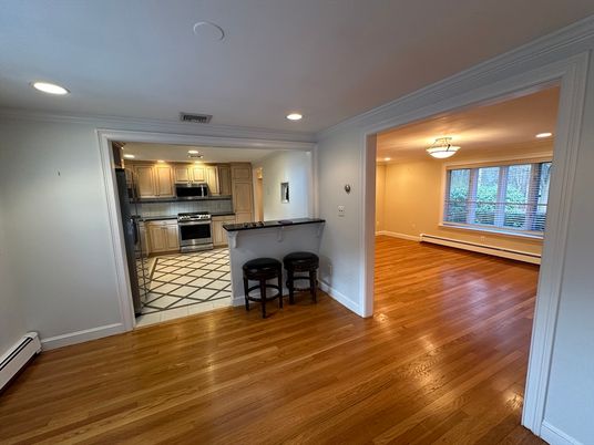 Interior, Kitchen, Recessed Lighting, Stainless Steel Appliances, Wood Texture Flooring