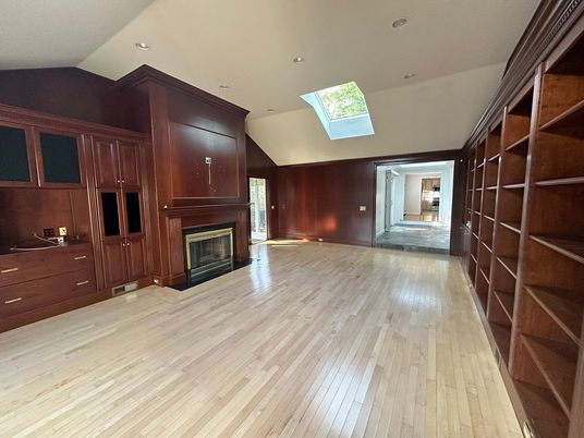 Empty room, Fireplace, Interior, Recessed Lighting, Wood Texture Flooring, Wooden Walls