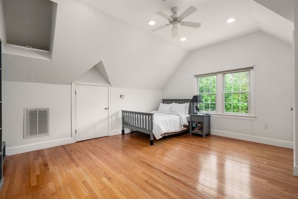 Bedroom, Interior, Recessed Lighting, Wood Texture Flooring