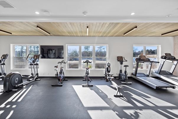 Fitness Equipment, Gym, Interior, Recessed Lighting, Wooden Ceilings