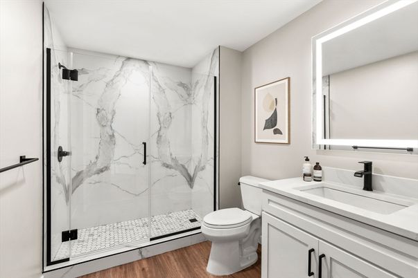 Bathroom, Glass Shower, Interior, Marble Walls, Wood Texture Flooring