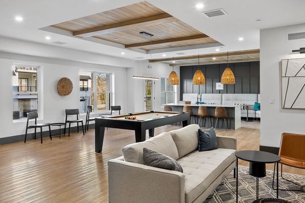 Billiard Table, Game Room, Interior, Kitchen, Living room, Pendant Lights, Recessed Lighting, Wooden Beams, Wooden Ceilings, Wood Texture Flooring