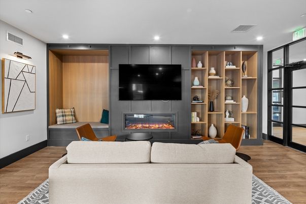 Fireplace, Interior, Living room, Recessed Lighting, Wood Texture Flooring