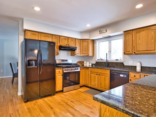 Interior, Kitchen, Recessed Lighting, Stainless Steel Appliances, Wood Texture Flooring