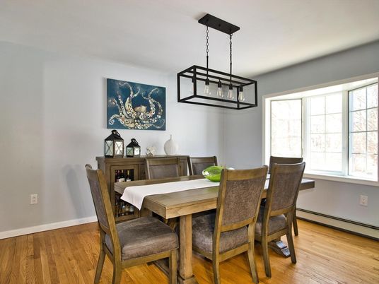 Dining room, Interior, Pendant Lights, Wood Texture Flooring