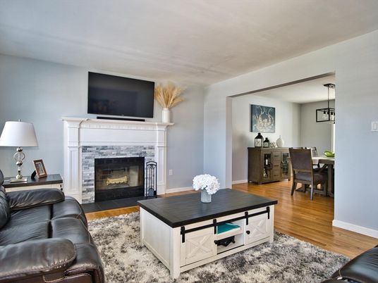 Dining room, Fireplace, Interior, Living room, Pendant Lights, Wood Texture Flooring