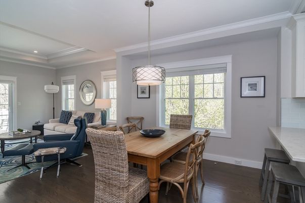 Dining room, Interior, Living room, Pendant Lights, Recessed Lighting, Wood Texture Flooring