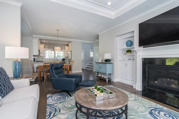 Dining room, Fireplace, Interior, Kitchen, Living room, Pendant Lights, Recessed Lighting, Wood Texture Flooring