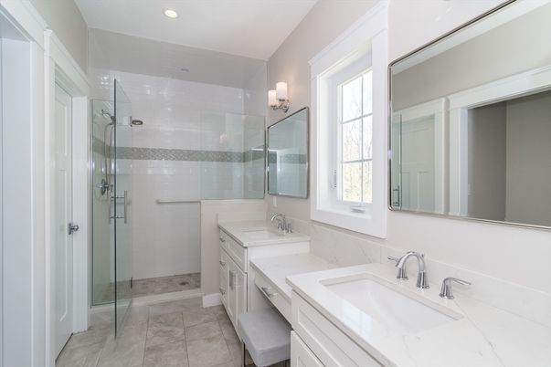 Bathroom, Dual Sink Vanities, Glass Shower, Interior, Recessed Lighting