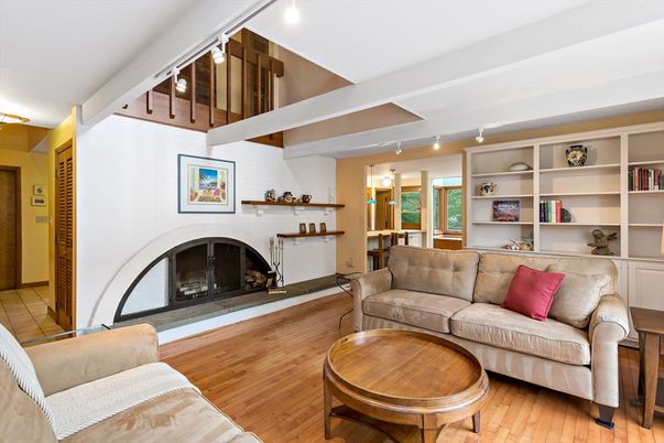 Fireplace, Interior, Living room, Recessed Lighting, Wood Texture Flooring