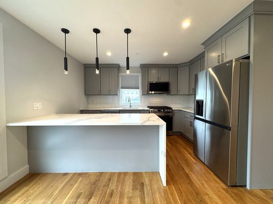 Interior, Kitchen, Pendant Lights, Recessed Lighting, Stainless Steel Appliances, Wood Texture Flooring