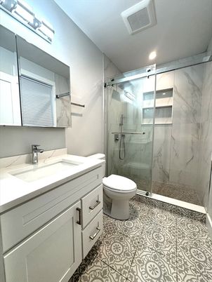 Bathroom, Glass Shower, Interior, Marble Walls, Recessed Lighting
