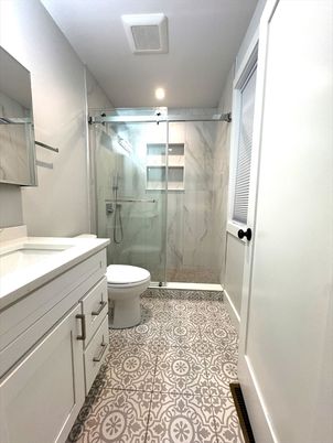 Bathroom, Glass Shower, Interior, Marble Walls, Recessed Lighting