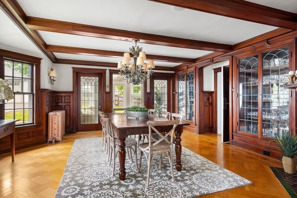 Chandelier, Dining room, Interior, Wooden Beams, Wood Texture Flooring