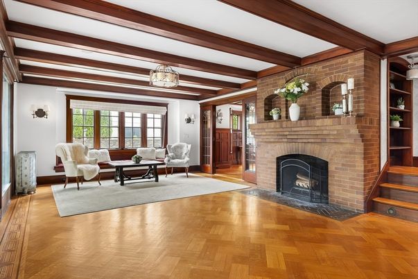 Fireplace, Interior, Living room, Stone Walls, Wooden Beams, Wood Texture Flooring