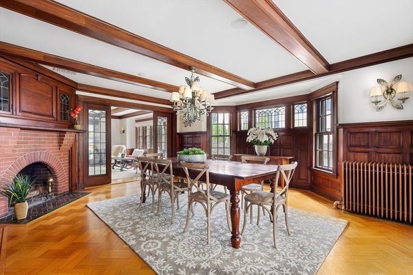 Chandelier, Dining room, Fireplace, Interior, Wooden Beams, Wood Texture Flooring