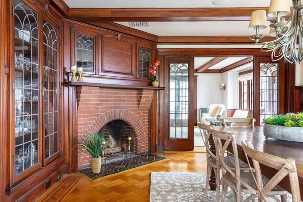 Dining room, Fireplace, Interior, Wood Texture Flooring