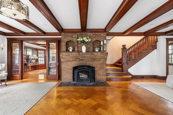 Fireplace, Interior, Recessed Lighting, Wooden Beams, Wood Texture Flooring