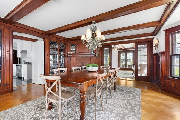Chandelier, Dining room, Interior, Wooden Beams, Wood Texture Flooring