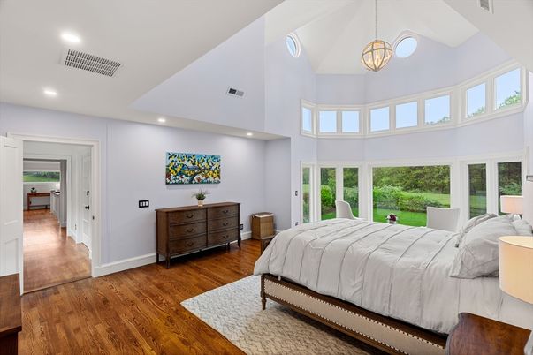 Bedroom, Interior, Pendant Lights, Recessed Lighting, Wood Texture Flooring