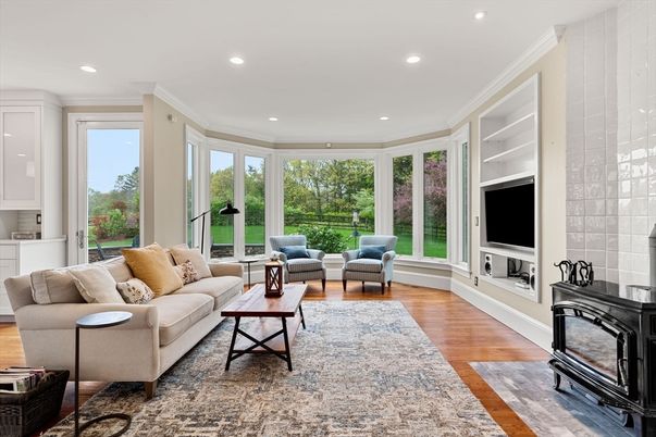 Fireplace, Interior, Living room, Recessed Lighting, Wood Texture Flooring