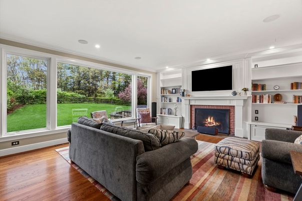 Fireplace, Interior, Living room, Recessed Lighting, Wood Texture Flooring
