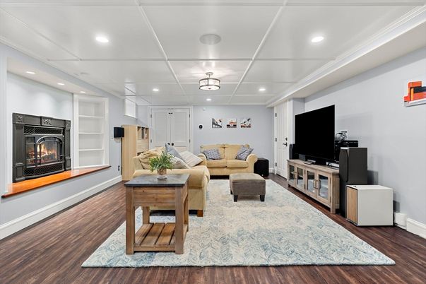 Fireplace, Interior, Living room, Recessed Lighting, Wood Texture Flooring