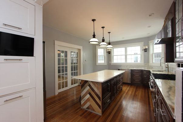 Interior, Kitchen, Pendant Lights, Recessed Lighting, Wood Texture Flooring