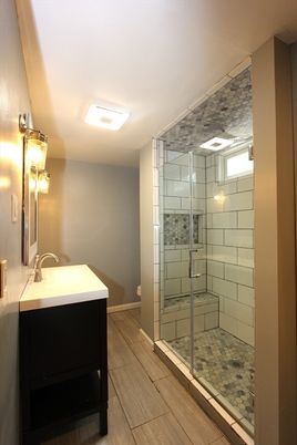 Bathroom, Glass Shower, Interior, Wood Texture Flooring