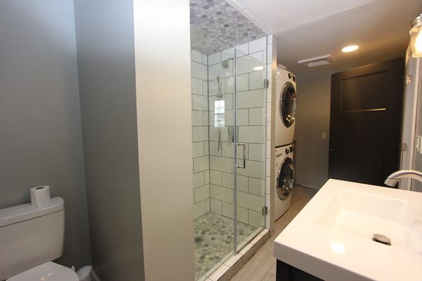 Bathroom, Glass Shower, Interior, Recessed Lighting, Utility Closets, Washer