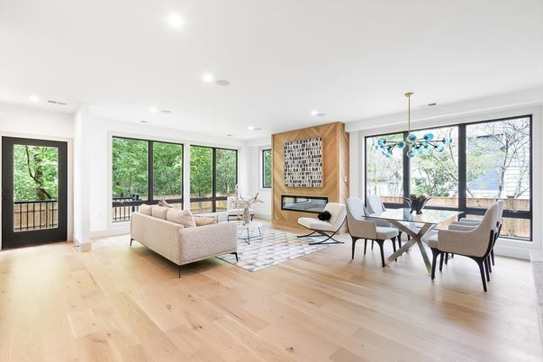 Dining room, Interior, Living room, Pendant Lights, Recessed Lighting, Wood Texture Flooring