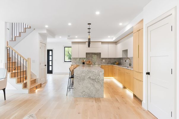 Interior, Kitchen, Pendant Lights, Recessed Lighting, Stainless Steel Appliances, Wood Texture Flooring