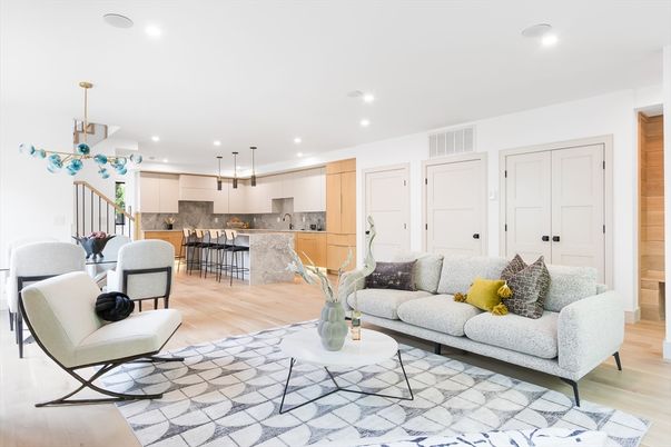 Dining room, Interior, Kitchen, Living room, Pendant Lights, Recessed Lighting, Stainless Steel Appliances, Wood Texture Flooring