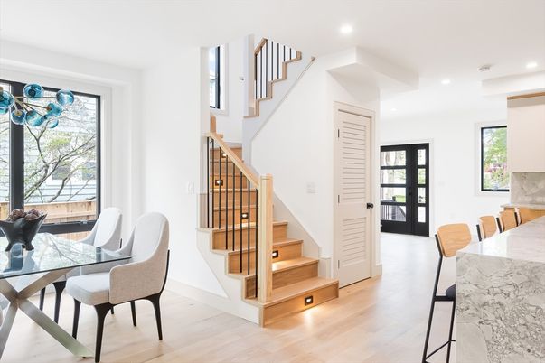 Dining room, Interior, Recessed Lighting, Wood Texture Flooring