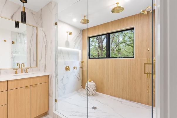 Bathroom, Glass Shower, Interior, Marble, Marble Walls, Recessed Lighting