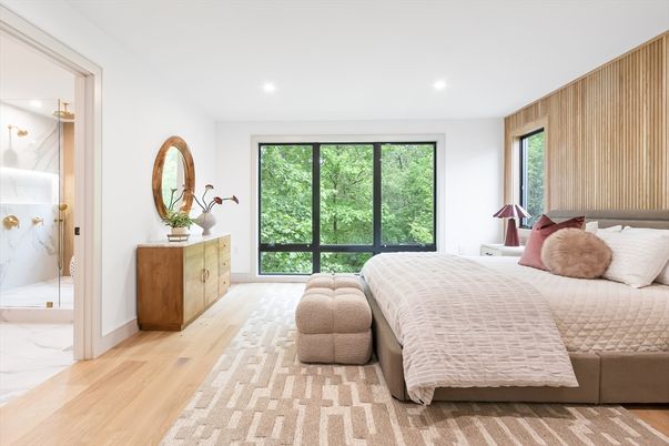 Bedroom, Interior, Marble Walls, Recessed Lighting, Wood Texture Flooring