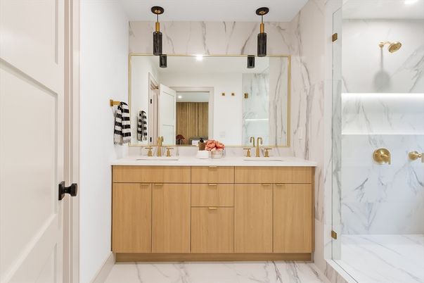 Bathroom, Dual Sink Vanities, Glass Shower, Interior, Marble, Marble Walls, Recessed Lighting