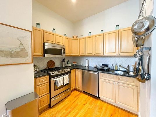 Interior, Kitchen, Recessed Lighting, Stainless Steel Appliances, Wood Texture Flooring