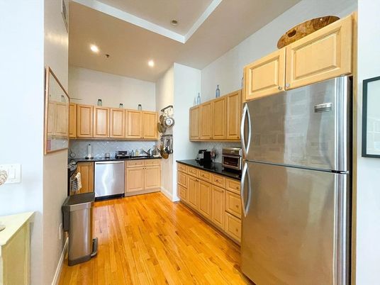Interior, Kitchen, Recessed Lighting, Stainless Steel Appliances, Wood Texture Flooring