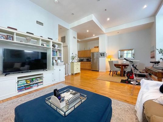 Fitness Equipment, Interior, Kitchen, Living room, Recessed Lighting, Wood Texture Flooring