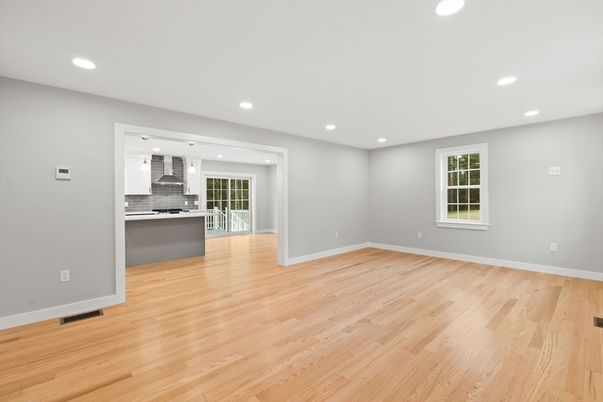 Empty room, Interior, Kitchen, Recessed Lighting, Wood Texture Flooring