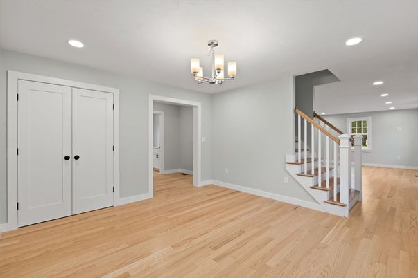 Chandelier, Empty room, Interior, Recessed Lighting, Wood Texture Flooring