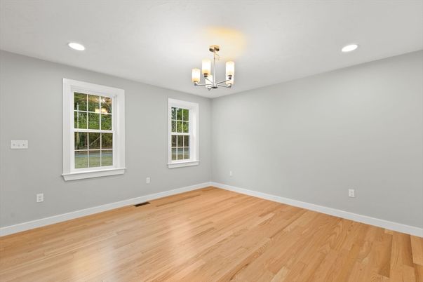 Chandelier, Empty room, Interior, Recessed Lighting, Wood Texture Flooring